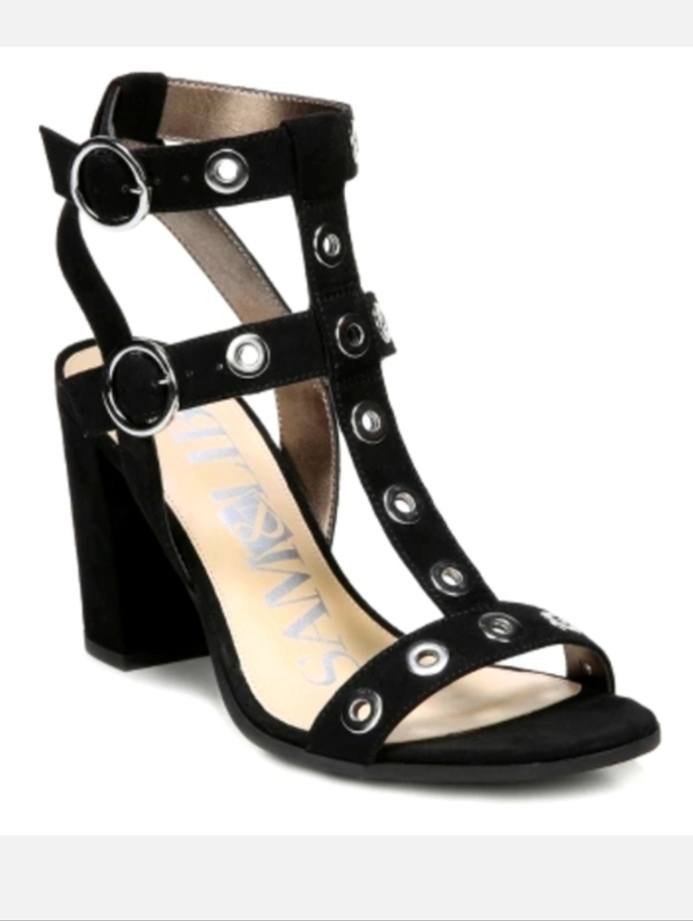 Sam & Libby Black Heeled Sandals w/ Metal Grommets